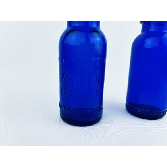 VTG Emerson Drug Co. Bromo Seltzer Cobalt Blue Bottles/Baltimore MD Set Of 2 - Picture 2 of 8